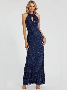 Mac Duggal 23018 Navy Sequin Halter Evening Gown Formal Prom Dress Size 2